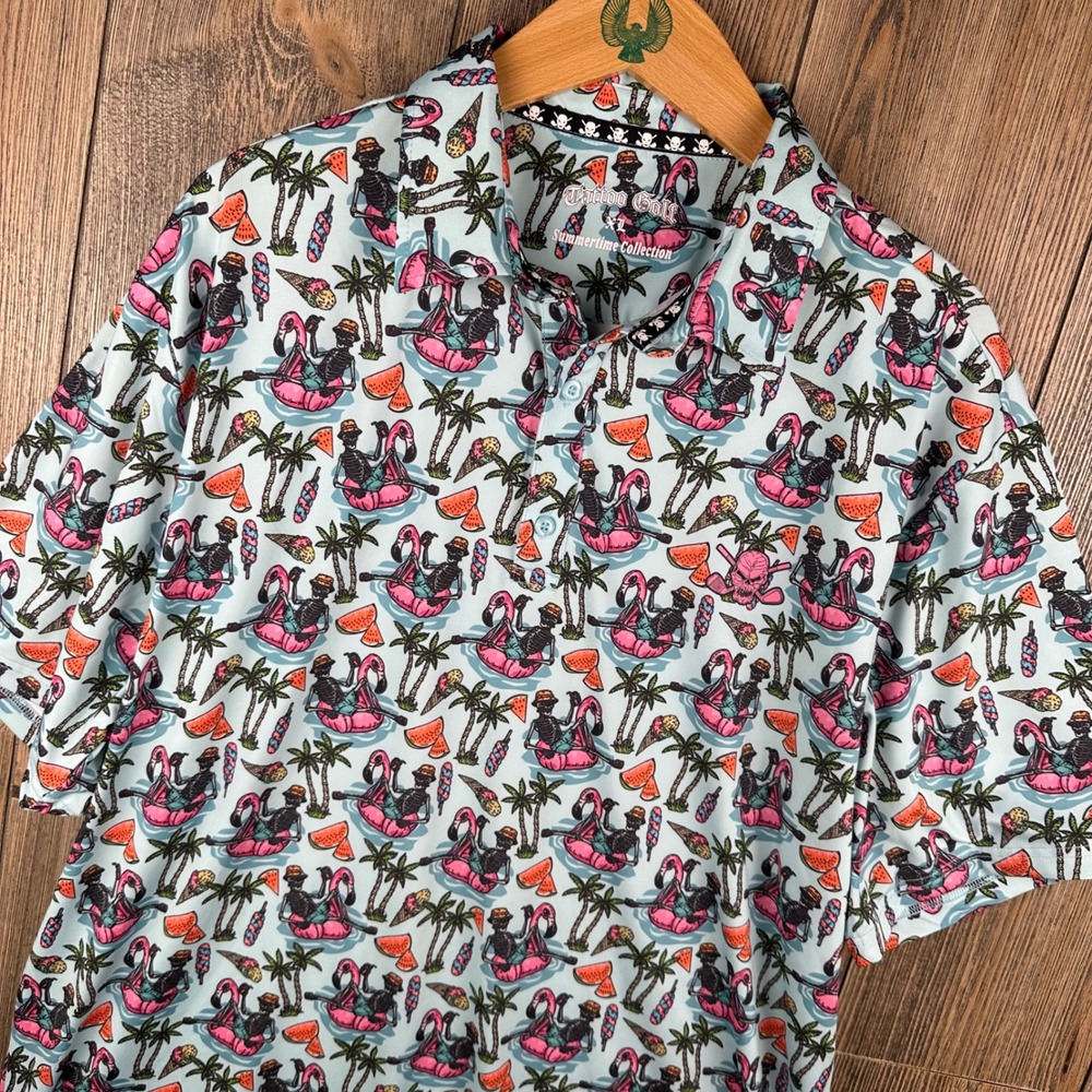 Tattoo Golf Summertime Collection Skeleton Flamingo Polo Shirt Mens XL Blue